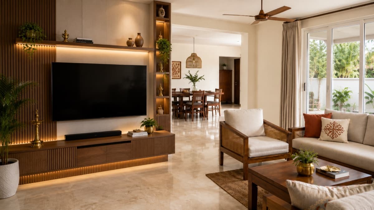 Premium living room interior with PVC TV unit and modular furniture in Erode by Jaya Interiors & Traders
