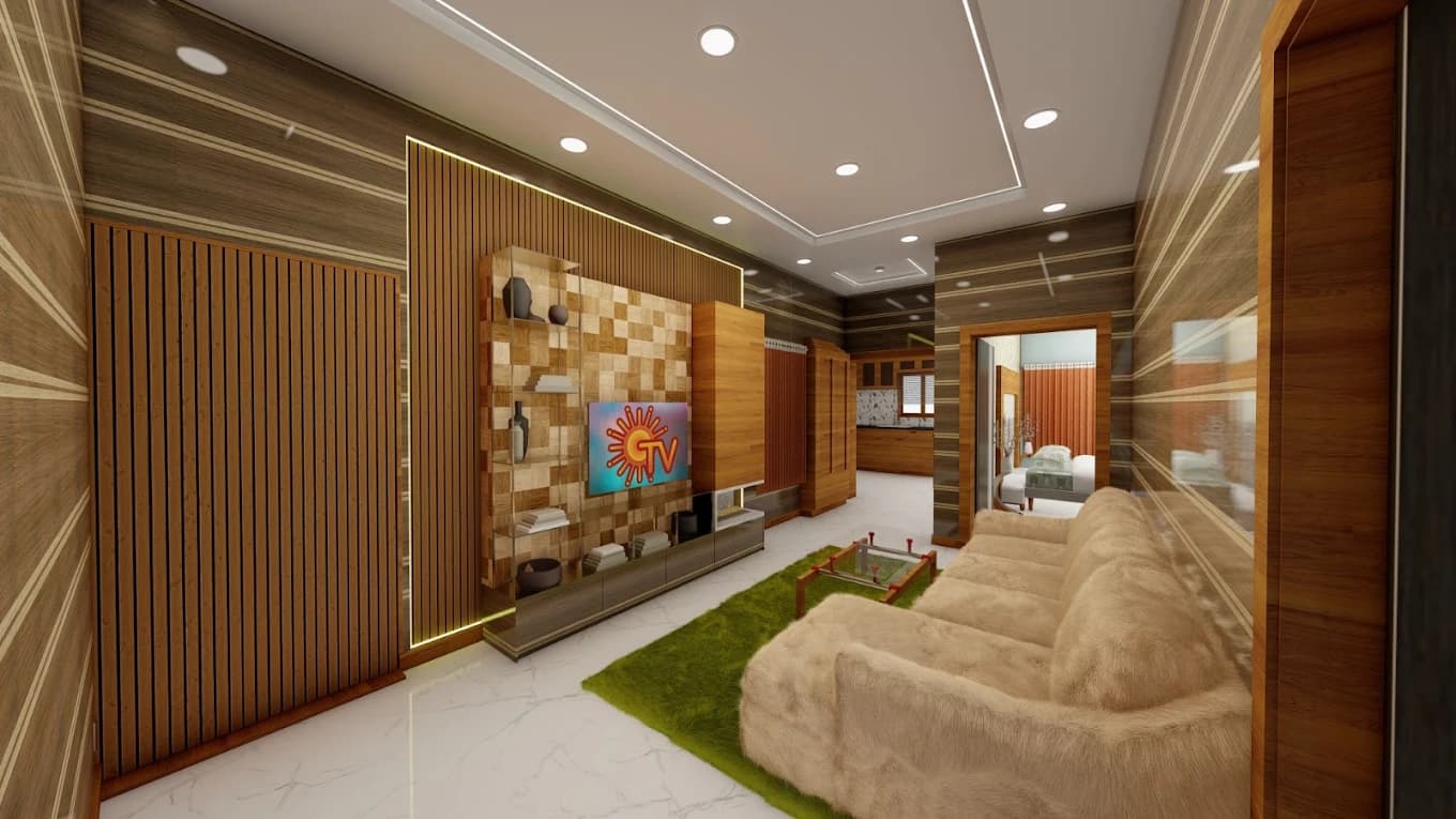 PVC TV showcase wall project in RKV Nagar, Erode by Jaya Interiors & Traders
